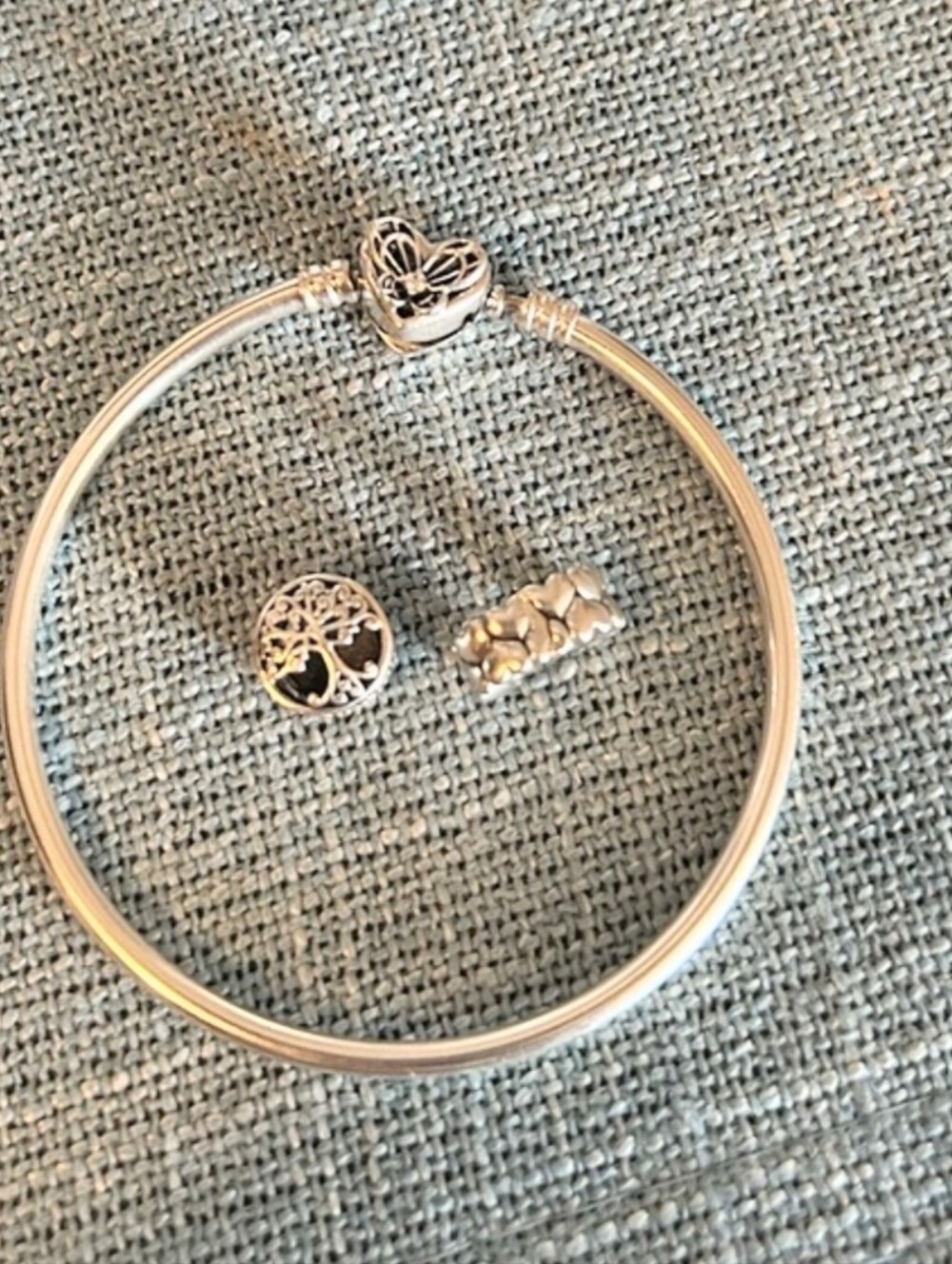 Pandora Bundle Of Heart Butterfly Clasp Bangle Plus 2 Authentic Charms And Box